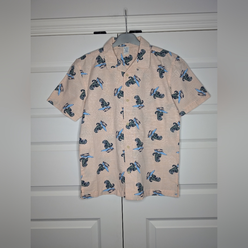 NWT Thereabouts Boys L (14/16H) Husky Button Up Peach Dino Surfer